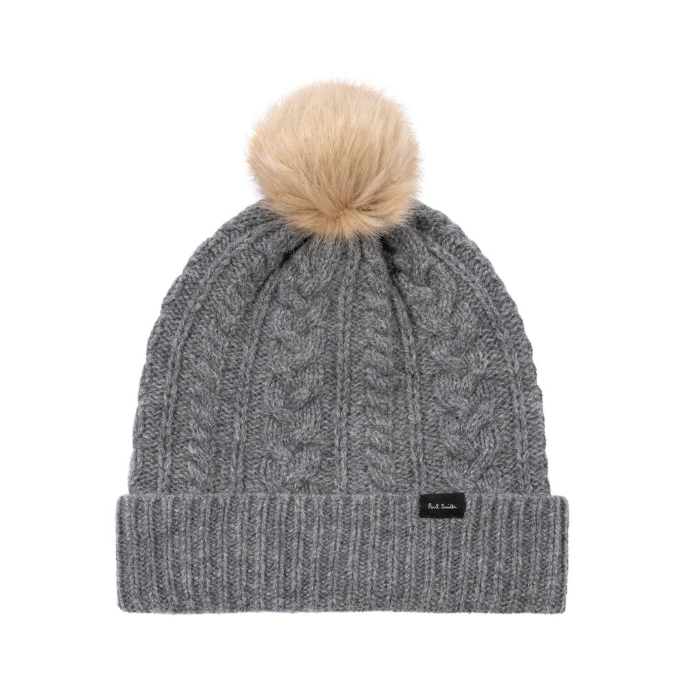 3904 PS Paul Smith Cable Knit Fur Pom Beanie, Grey